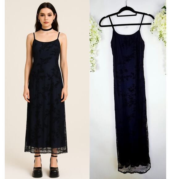 Y2K Navy Blue Black Velvet Burnout Mesh Floral Maxi Slip Dress Medium Whimsigoth - Picture 1 of 16